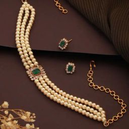 Aatmana Off-White & Green Gold-Plated Layered Pearl Choker Necklace Set-27