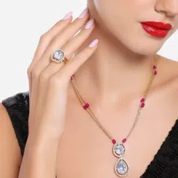 Zaveri Pearls Rani Pink Beads Austrian Diamonds Embellished Necklace Earring & Ring Set-ZPFK16728-picture-15