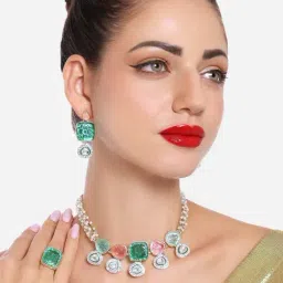 Zaveri Pearls Green & Pink Stones Multistrand Beaded Choker Necklace Earring & Ring Set-ZPFK16742-image-16