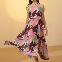Globus Women Multicolour Abstract Print Halter Neck Flared Hem A-Line Resort Maxi Dress-picture-1