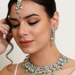 Karatcart Blue Necklace, Earring & MaangTikka Set for Women-32