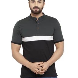 Kalt Men Half Sleeves Mandarin Collar Cotton Blend Stripe T-shirt-image-95