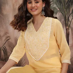 Sangria Ethnic Motifs Chikankari Embroidered Layered Pure Cotton Kurta With Palazzos-18