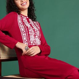 Sangria Band Collar Indie Floral Printed Straight Acrylic Kurta with Trousers-image-48