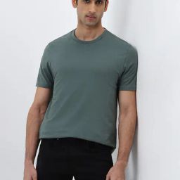 WES Casuals by Westside Green Solid Slim-Fit Cotton T-Shirt-image-84