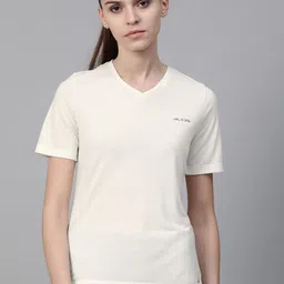 Alcis Women Off-White Solid V-Neck High-Low Training T-shirt-image-22