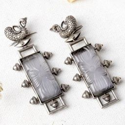Teejh Samaira Silver Oxidized Grey Stone Dangler Earrings-34