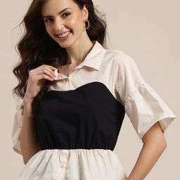 HERE&NOW Colourblocked Gathered Detail Bell Sleeves Pure Cotton Peplum Top-image-58