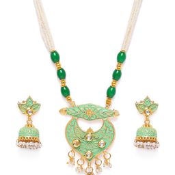 Kord Store Green Gold Plated Chand Shape Lariyat Haram Necklace & Jhumka Earrings Set-image-60
