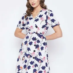 PURYS White & Blue Printed A-Line Dress-image-78