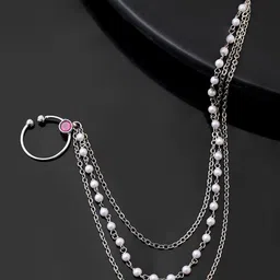 Voylla Rhodium-Plated CZ & Pearls Sparkling Queen'S Treasure Chained Nosepin-9