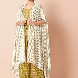 INDYA Women White & Green Printed Open Front Fusion Shrug-1