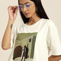 Moda Rapido Women Off White & Green Pure Cotton Printed Drop-Shoulder Sleeves T-shirt-38
