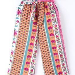 CrayonFlakes Seamless Floral Striped Pattern Printed & Paperbag Waist Detailed Belted Palazzo - Pink-image-73