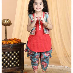 Kinder Kids Sleeveless Leheriya Placket Design Floral Sequin Embellished Striped Self Design Kantha Kurta & Floral Printed Dhoti With Coordinating Jacket - Blue & Red-picture-44
