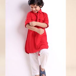 Babyhug Rayon Full Sleeves Pathani Kurta & Pyjama Set Solid Color - Red-image-70