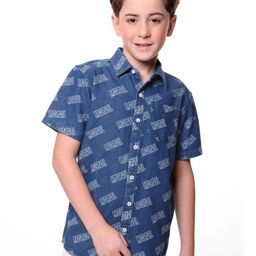 Pine Kids Marvel Denim Half Sleeves Shirt Text Print - Blue-image-97