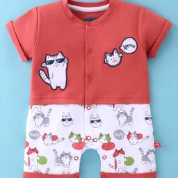 Mini Taurus Cotton Knit Half Sleeves Romper with Cat Print - Red-image-95
