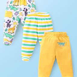 Babyhug Interlock Knit  Bootie Leggings with Striped & Animal Print Pack of 3 - Yellow & White-image-12
