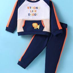 ToffyHouse 100% Cotton Knit Full Raglan Sleeves T-Shirt & Joggers Set with Text & Animal Embroidery - Navy Blue-image-63