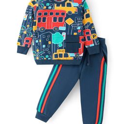 Babyhug Cotton Knit Full Sleeves T-Shirt & Lounge Pants Set With Vehicles Print - Navy-image-84