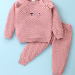 ToffyHouse Knitted Cotton Full Sleeves Winter Wear Suit With Animal Ear Applique - Pink-12