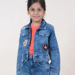 Kiddopanti Full Sleeves Heart It Text Patch Detailed Crop Denim Jacket -  Blue-picture-13