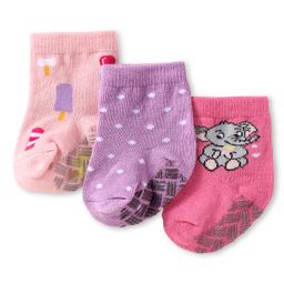 Cute Walk by Babyhug Knit Ankle Length Antibacterial Anti Skid Socks with Polka Dots Animal & Popsical Design Pack of 3 - Pink Lavender & Dark Pink-image-66