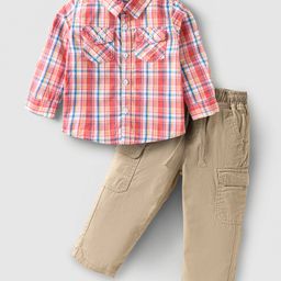 Babyhug Cotton Woven Full Sleeves Checkered Shirt & Solid Trouser Set - Red & Beige-image-22