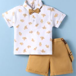 ToffyHouse Cotton Woven Half Sleeves Bird Printed Polo T-Shirt & Shorts Set with Bow & Suspender - Khaki & White-image-65