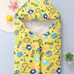 Babyhug Interlock Knit Hooded Wrapper with Space Theme Print L 76 x B 76 cm - Yellow-picture-5