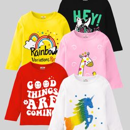 KUCHIPOO Cotton Blend Pack Of 5 Full Sleeves Unicorn & Giraffe Printed Tees - Black Red Yellow White & Pink-image-20