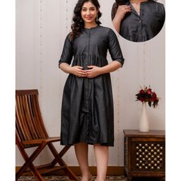 CeleBravo Denim Three Fourth Sleeves Solid Maternity Dress With Nursing Access - Black-picture-12