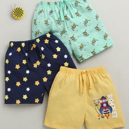 BUMZEE Cotton Knit Above Knee Length Shorts With Star & Animal Print Pack Of 3 - Yellow Navy Blue & Light Green-image-41