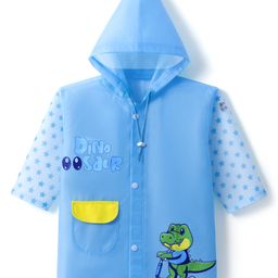 Babyhug Full Sleeves Below Knee Length Hooded Raincoat With Dinosaur & Star Print - Blue-image-7