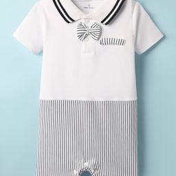 Mark & Mia Cotton Knit Half Sleeves Collared Romper with Bow Applique & Stripes - White-image-53