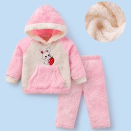 Mark & Mia Full Length Raglan Sleeves Hooded Winter Wear Night Suit with Kangaroo Pocket & Bunny Patch - Pink & White-picture-3