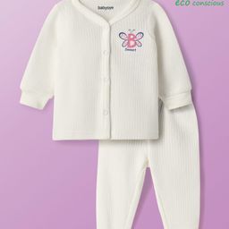 Babyoye Cotton Modal Blend Knit Full Sleeves Solid Dyed Thermal Inner Wear Set With Butterfly Print - White-image-14