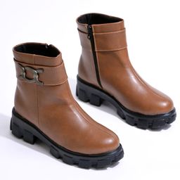 Shoetopia Abstract Applique Detailed Zipper Closure Boots - Tan-image-82