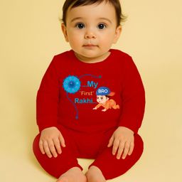 The Peppy Tend 100% Cotton Knit Raksha Bandhan Theme Full Sleeves My First Rakhi Text Printed Romper - Red-image-95