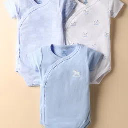 I Bears Interlock Knit Half Sleeves Onesie with Stripes & Animal Print Pack of 3 - Light Blue & White-picture-18