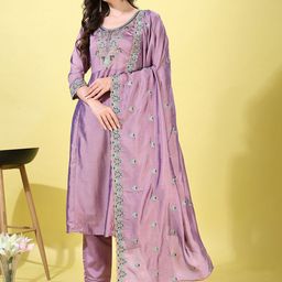 Hirvanti Fashion Embroidered Thread Work Round Neck A-Line Kurta With Trousers & Dupatta-picture-35