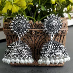 JEWELOPIA Silver-Plated Artificial Beaded Oxidised Dome Shaped Jhumkas-14