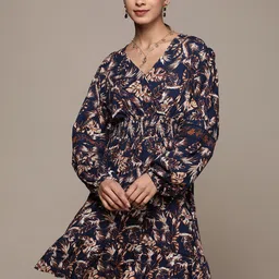 Label Ritu Kumar Navy Blue & Yellow Floral Crepe Dress-image-38