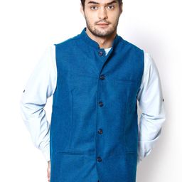 even Blue Woollen Slim Fit Nehru Jacket-image-1