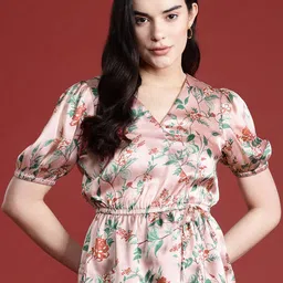 all about you Floral Print Cinched Waist Satin Finish Top-image-56