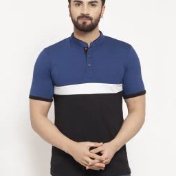 Kalt Men Half Sleeves Mandarin Collar Cotton Blend Stripe T-shirt-image-92