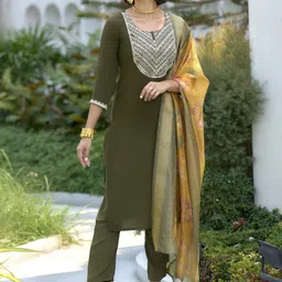 ZIRVI Olive Green Embroidered Straight Kurta Set with Printed Yellow Dupatta-picture-20