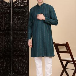 House of Pataudi Men Textured Pure Cotton Straight Kurta-picture-22