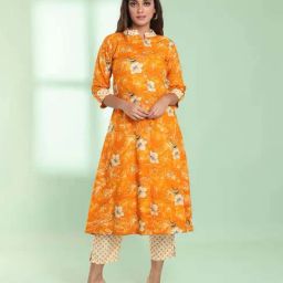 CHARUKRITI Yellow Printed A Line Kurta-image-2